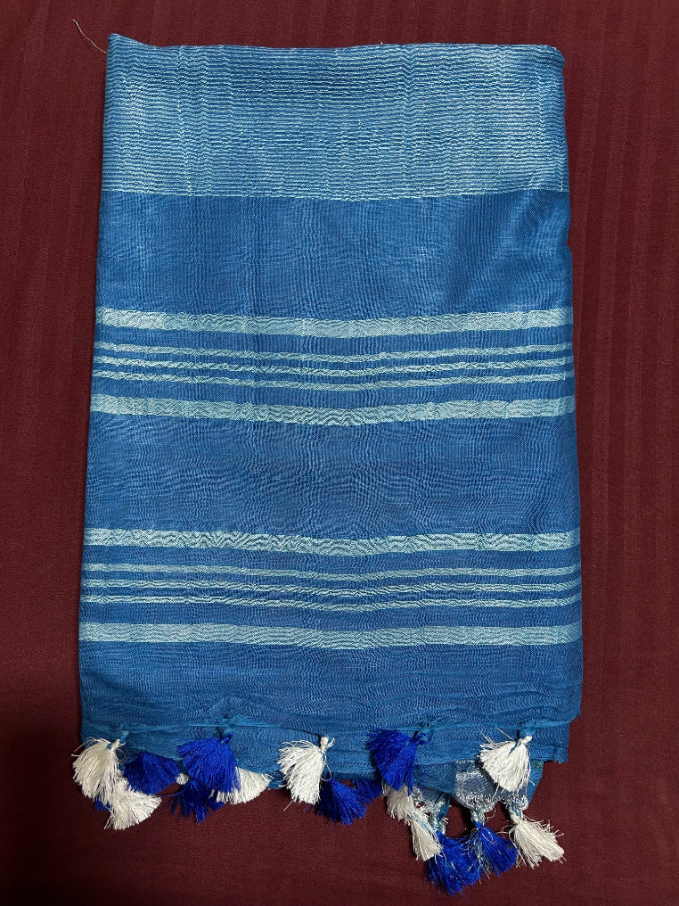 Blue Linen Saree With Silver Border & Blue and white Tassels