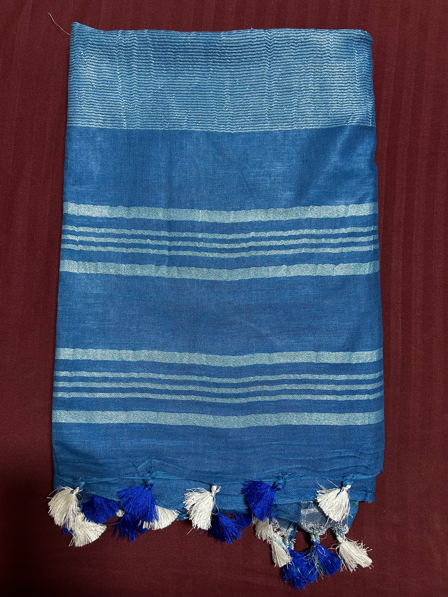 Blue Linen Saree With Silver Border & Blue and white Tassels