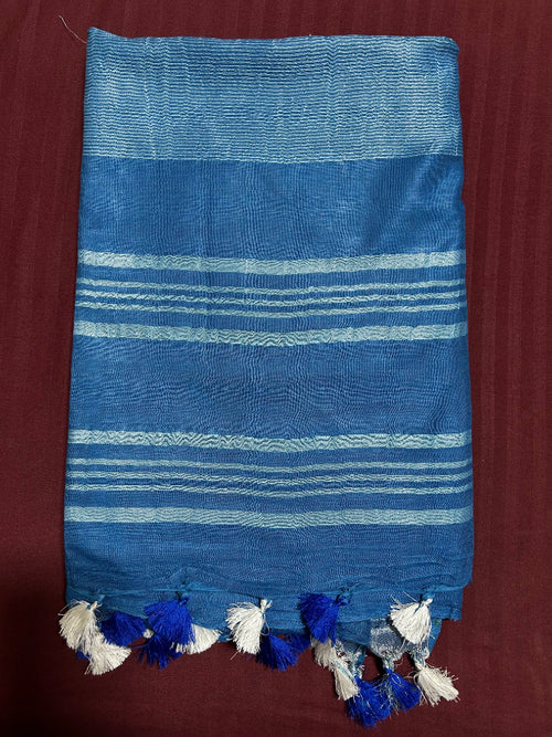 Blue Linen Saree With Silver Border & Blue and white Tassels