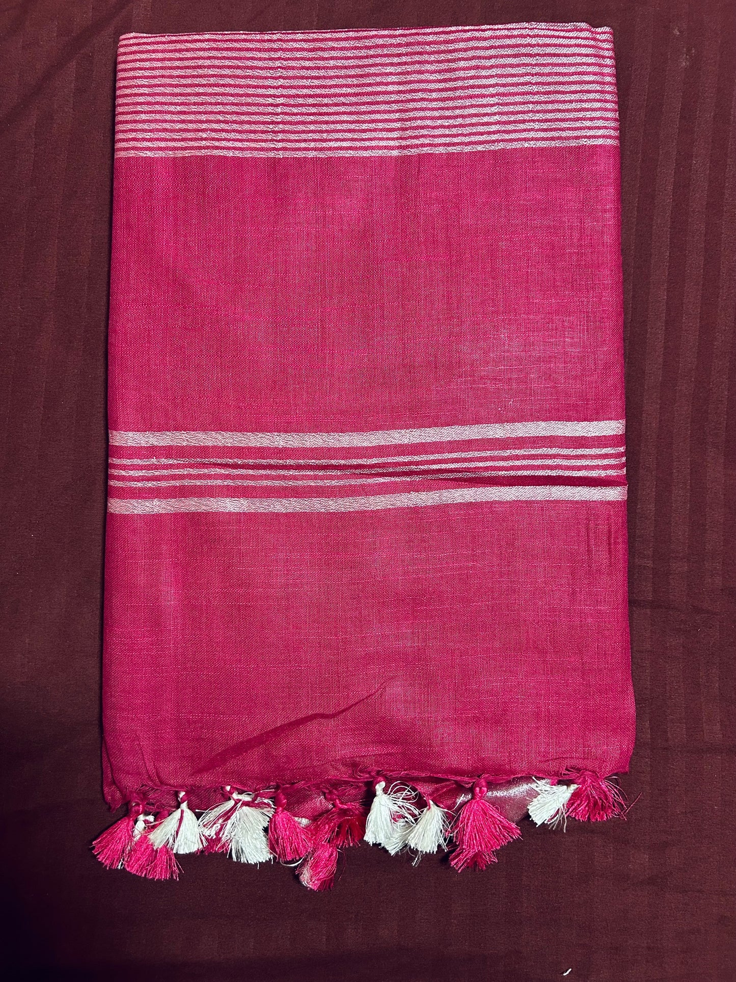 Pink Linen Saree With Silver Border & Pink and white Tassels
