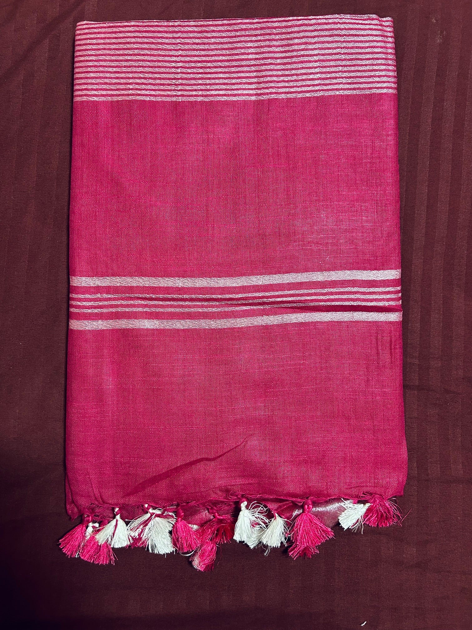 Pink Linen Saree With Silver Border & Pink and white Tassels