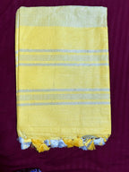 Lemon Yellow Linen Saree With Silver Border & Yellow and white Tassels