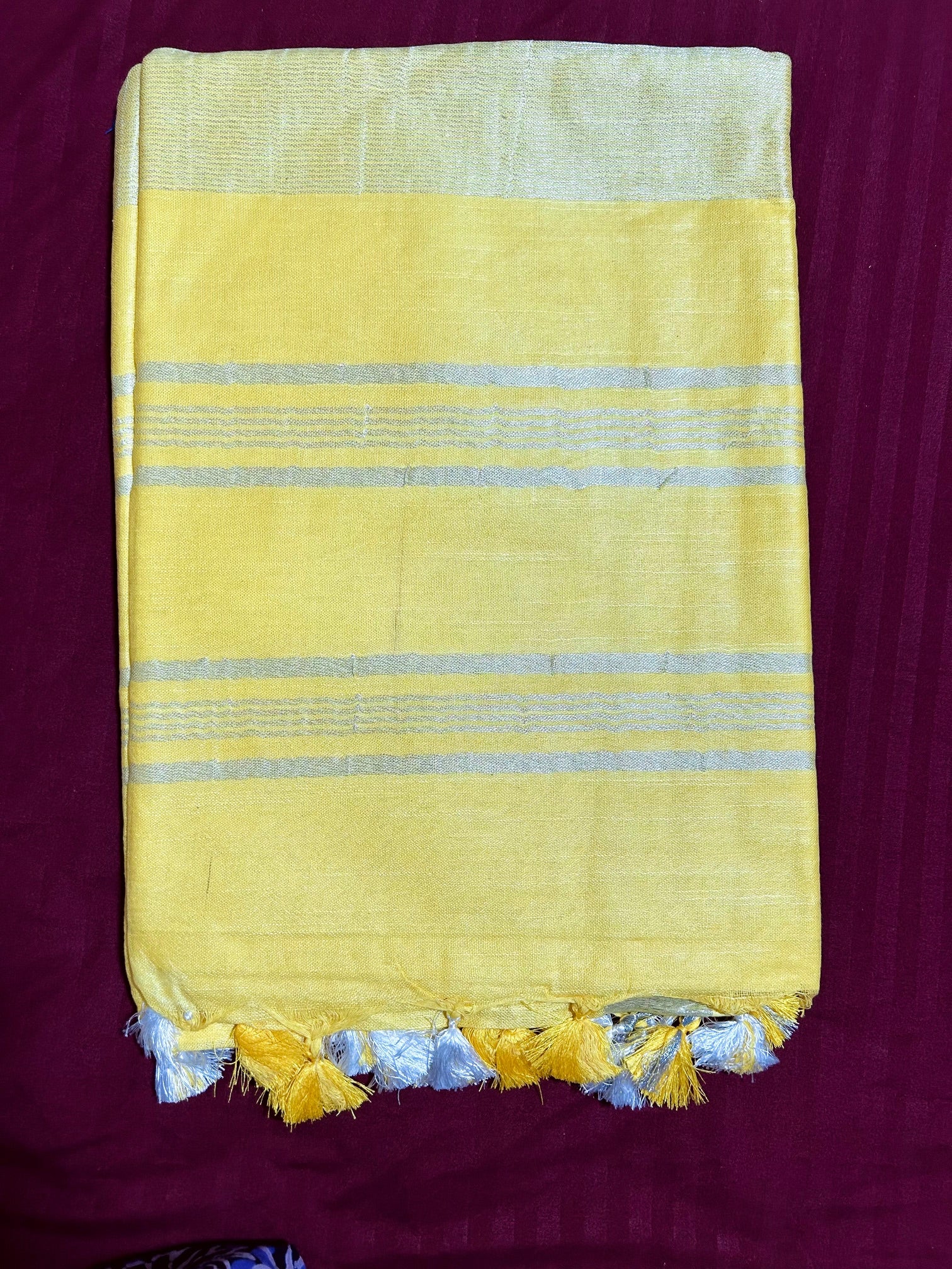 Lemon Yellow Linen Saree With Silver Border & Yellow and white Tassels