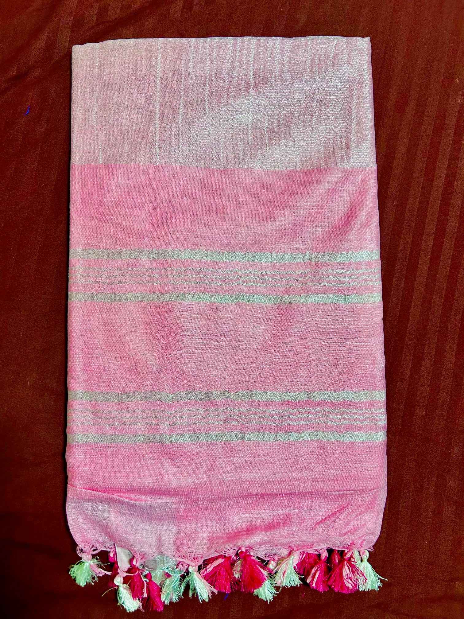 Pink Linen Saree With Silver Border & Pink and white Tassels