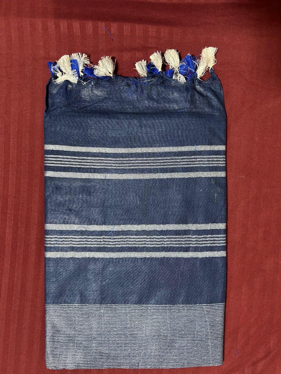 Navy Blue Linen Saree With Silver Border & Blue and white Tassels