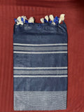 Navy Blue Linen Saree With Silver Border & Blue and white Tassels