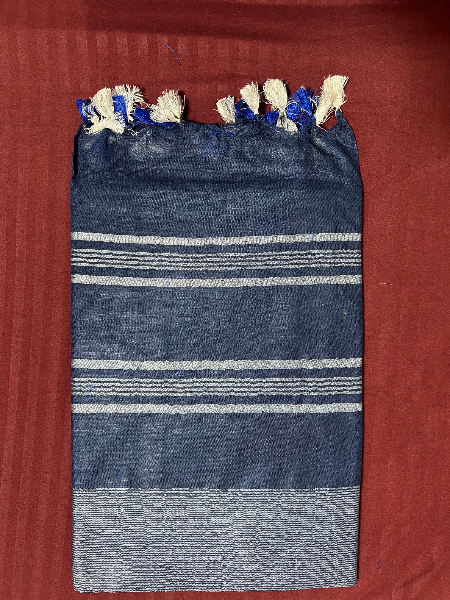 Navy Blue Linen Saree With Silver Border & Blue and white Tassels