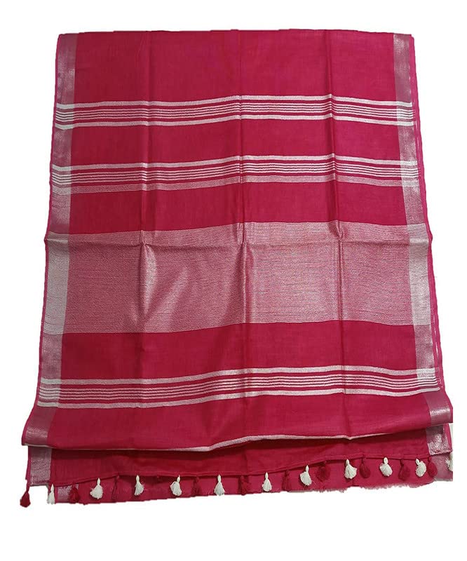Pink Linen Saree With Silver Border & Pink and white Tassels