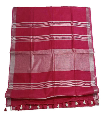 Pink Linen Saree With Silver Border & Pink and white Tassels