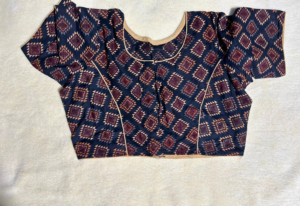 Black &Brown Geometric Printed Cotton Saree Blouse