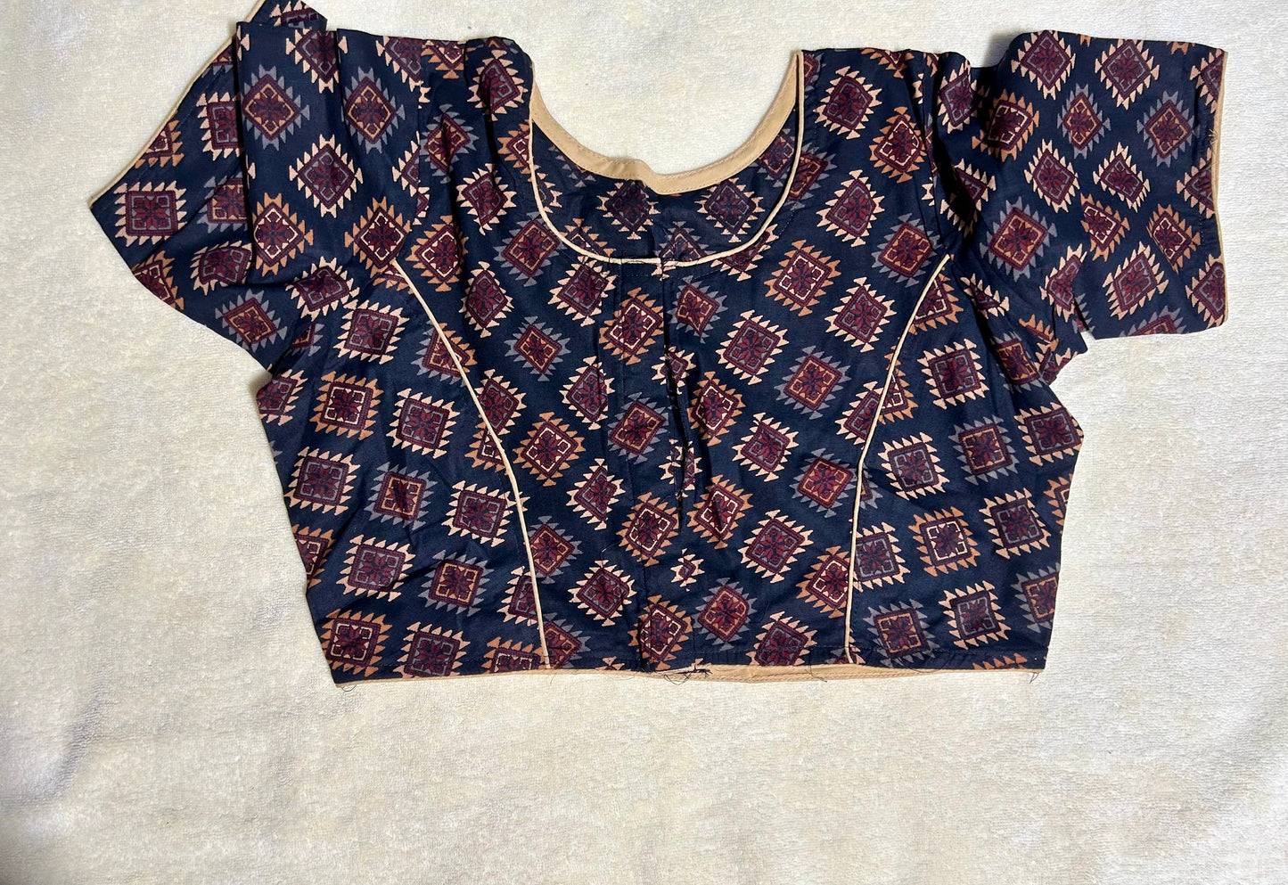 Black &Brown Geometric Printed Cotton Saree Blouse