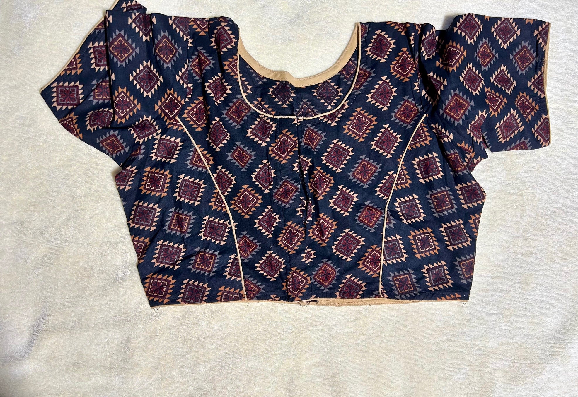Black &Brown Geometric Printed Cotton Saree Blouse