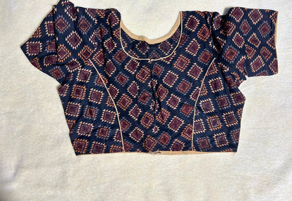 Black &Brown Geometric Printed Cotton Saree Blouse