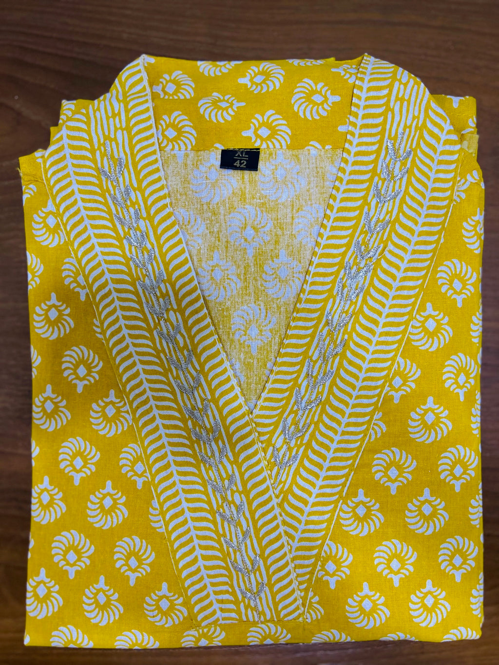Yellow white  Printed Embroidered Cotton 3pc Kurti Set
