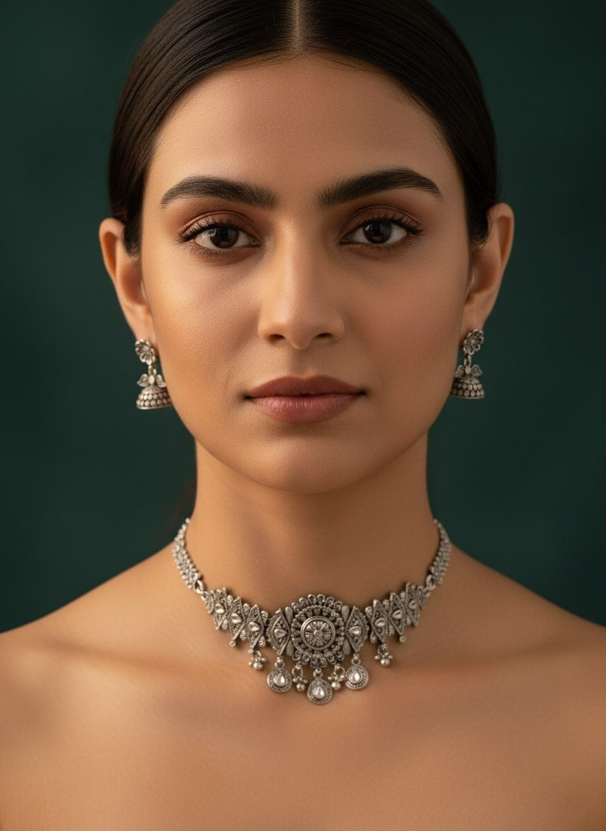 Oxidized Silver Plated Choker Necklace  Earrings Set