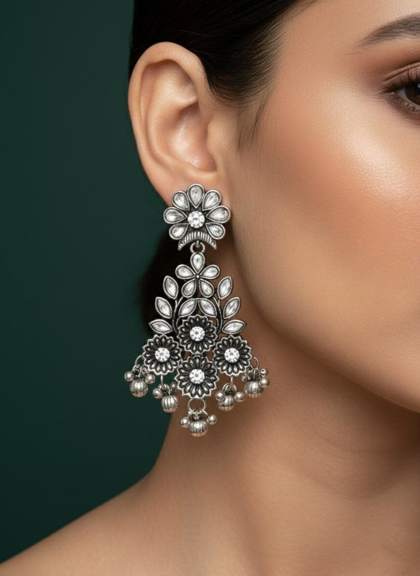 German Silver Drop Earrings with Beads & Stones