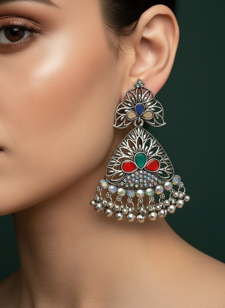 Oxidised Silver Plated Drop Earrings with Beads & Stones