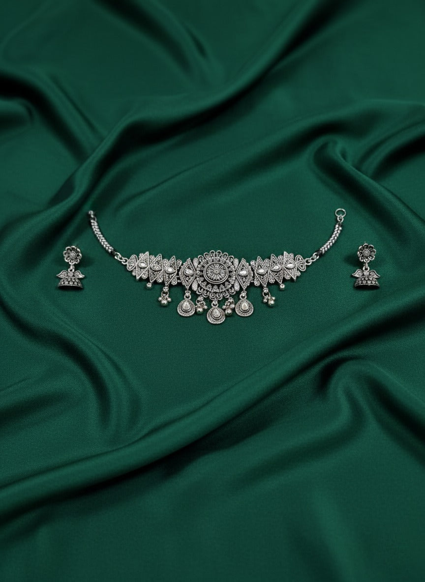 Oxidized Silver Plated Choker Necklace  Earrings Set