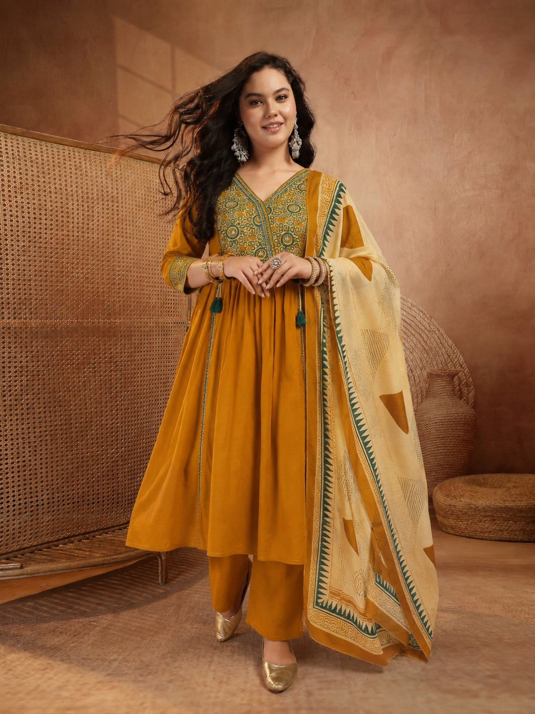 Plus Size Solid Mustard Ajrak Patched  cotton Anarkali Kurti Set