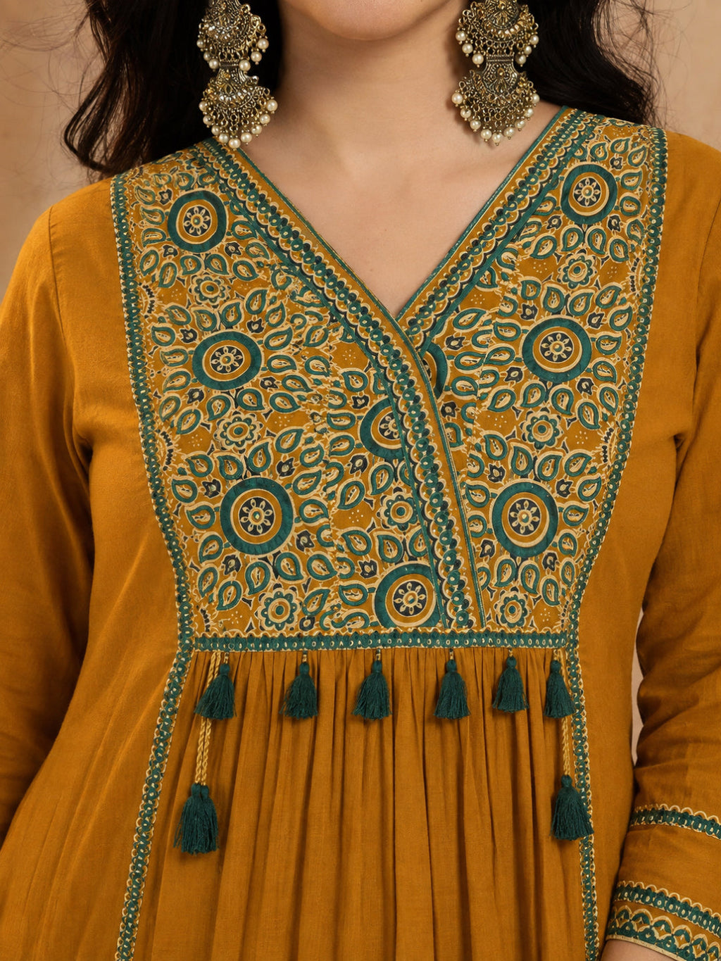 Plus Size Solid Mustard Ajrak Patched  cotton Anarkali Kurti Set