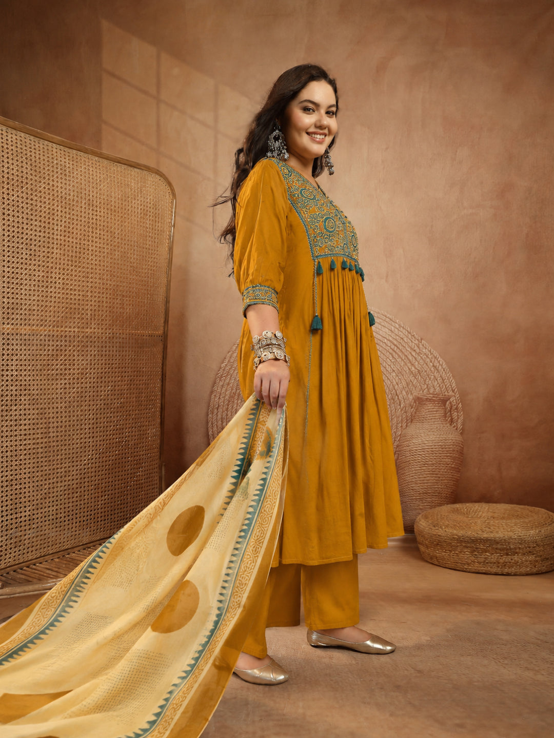 Plus Size Solid Mustard Ajrak Patched  cotton Anarkali Kurti Set