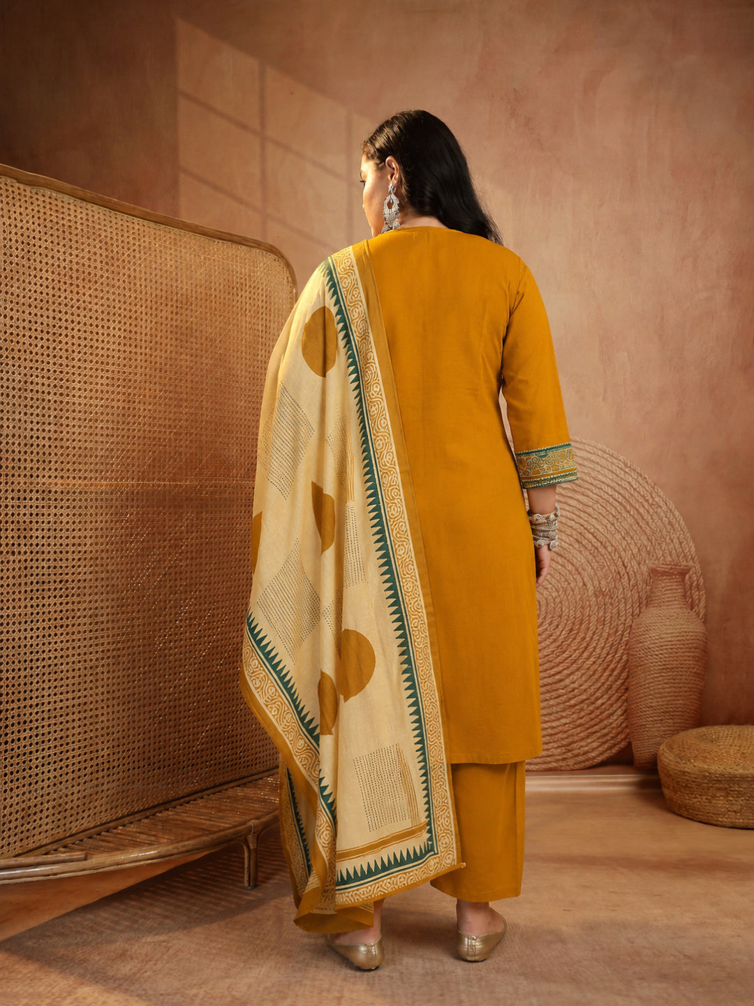 Plus Size Solid Mustard Ajrak Patched  cotton Anarkali Kurti Set