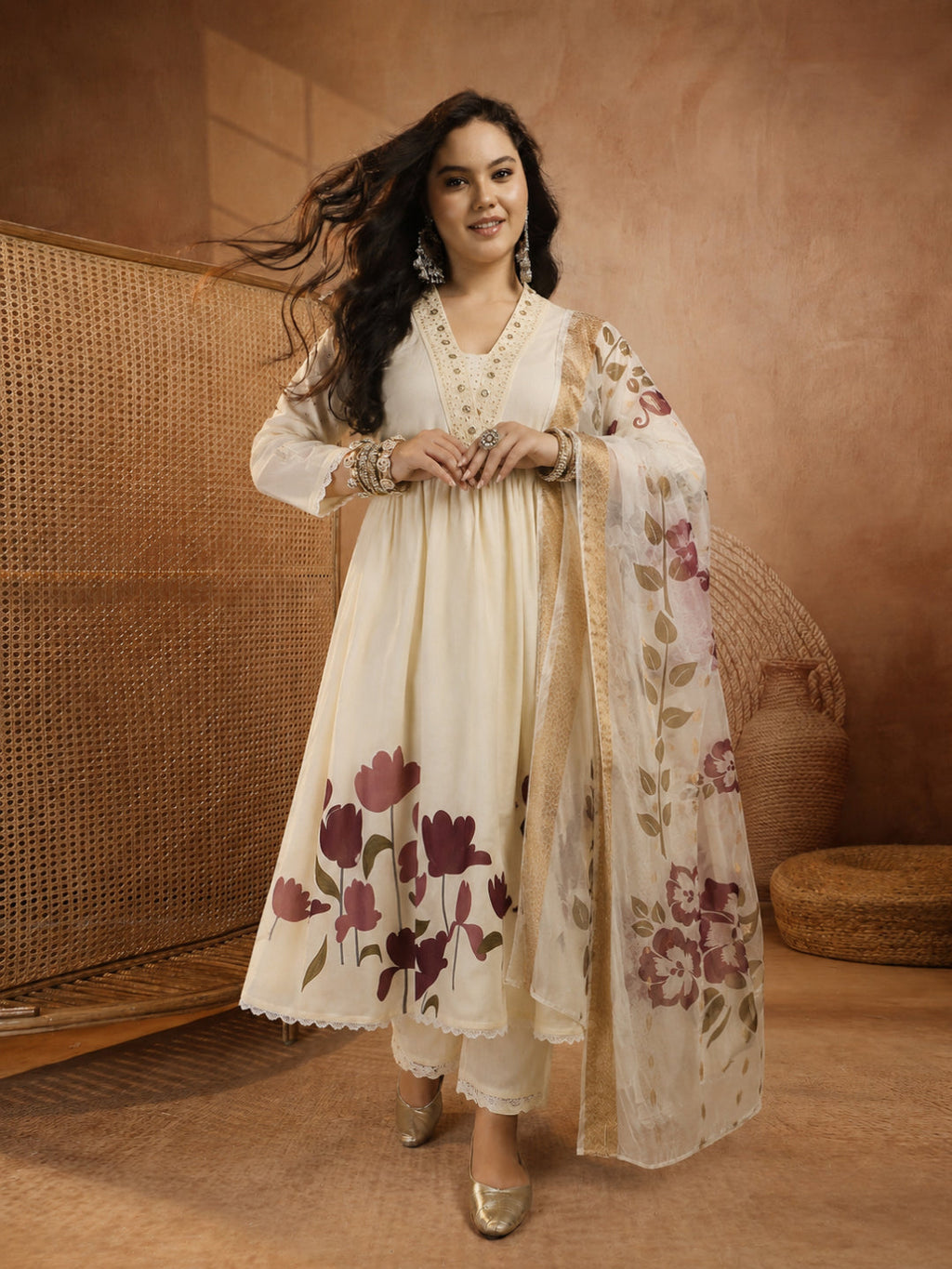 Plus Size Purple & Off White Printed Rayon Kurta Palazzo Set With Dupatta