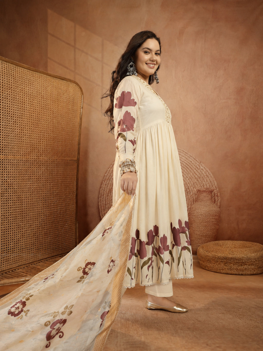 Plus Size Purple & Off White Printed Rayon Kurta Palazzo Set With Dupatta