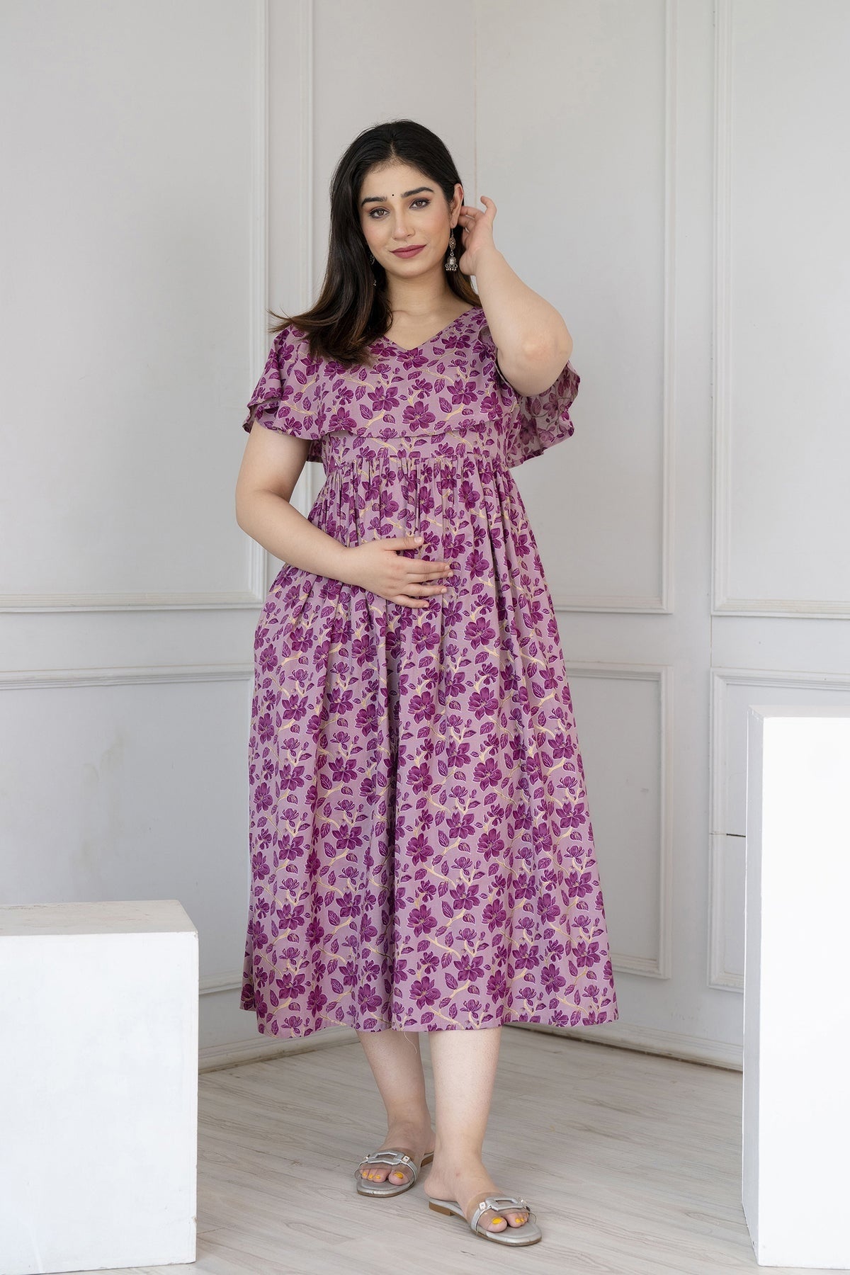 Purple Floral printed Cotton Maternity Dress