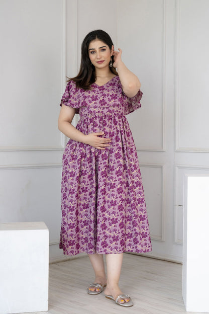 Purple Floral printed Cotton Maternity Dress