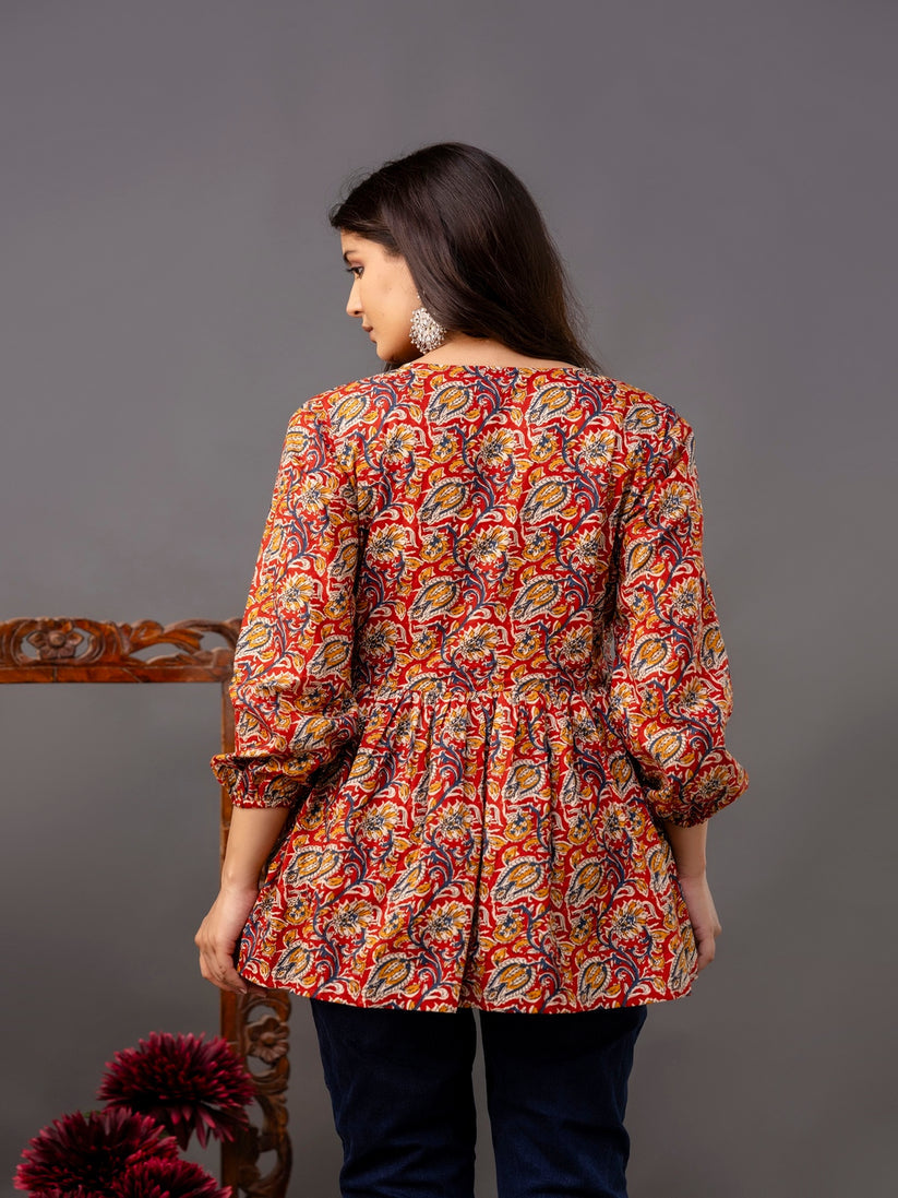 Maroon Floral Printed Cotton Peplum Top