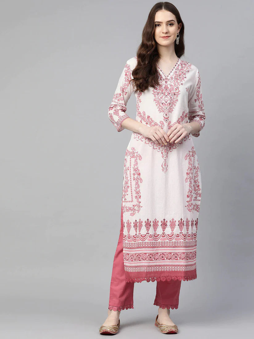 Pink & White Block Printed  Soft Cotton Kurti With Pants