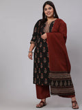 Black & Maroon Floral Printed Pure Cotton Kurta Palazzo Set With Dupatta