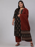 Black & Maroon Floral Printed Pure Cotton Kurta Palazzo Set With Dupatta