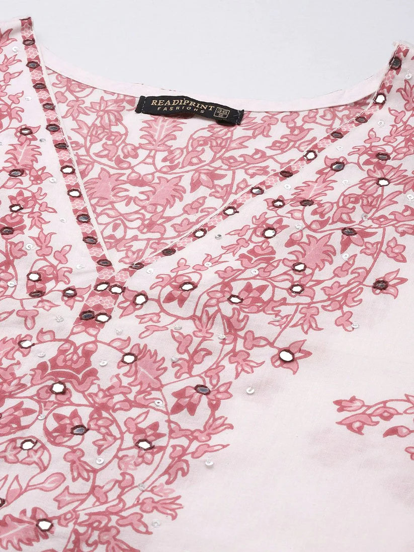 Pink & White Block Printed  Soft Cotton Kurti With Pants