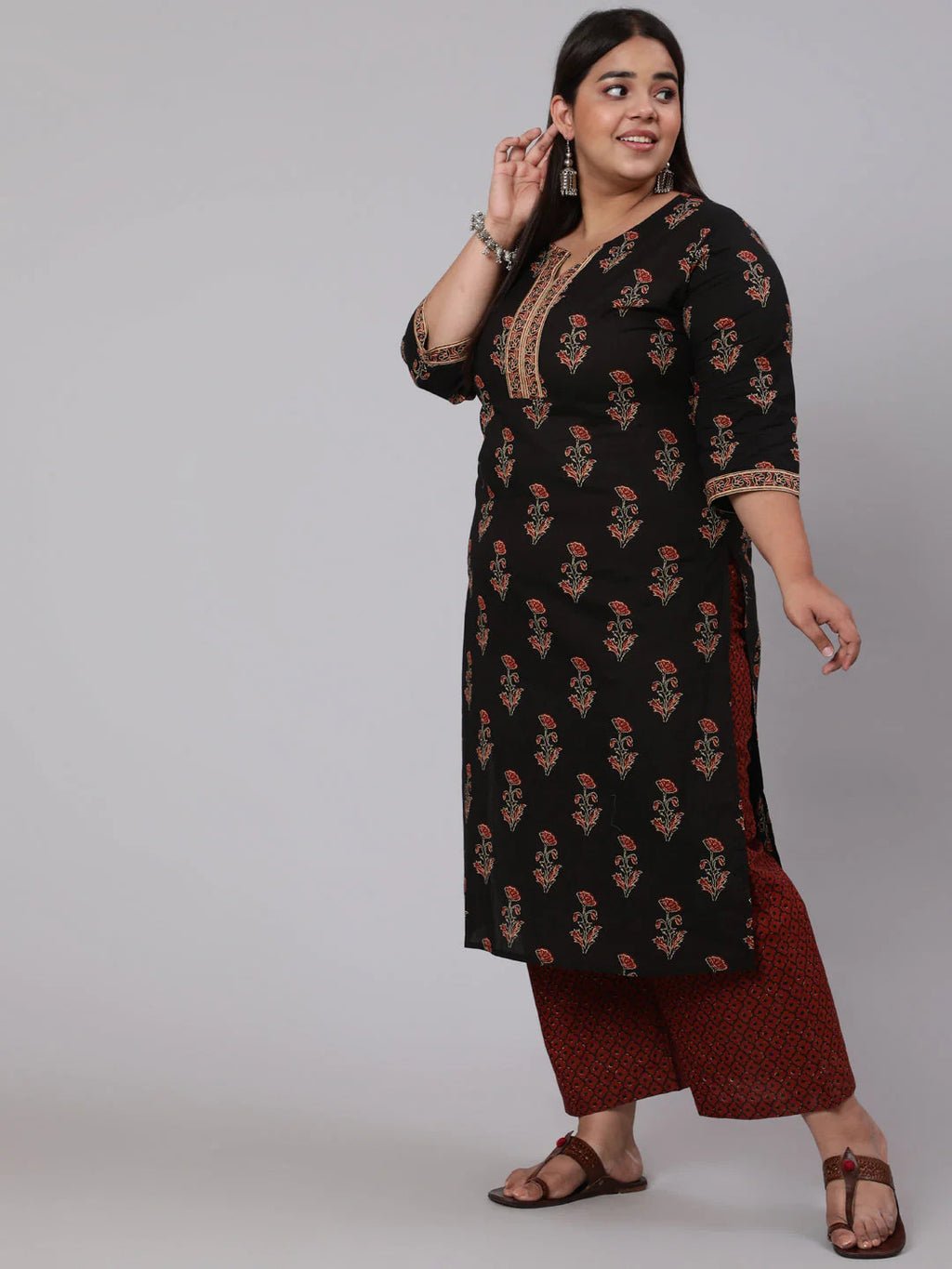 Black & Maroon Floral Printed Pure Cotton Kurta Palazzo Set With Dupatta