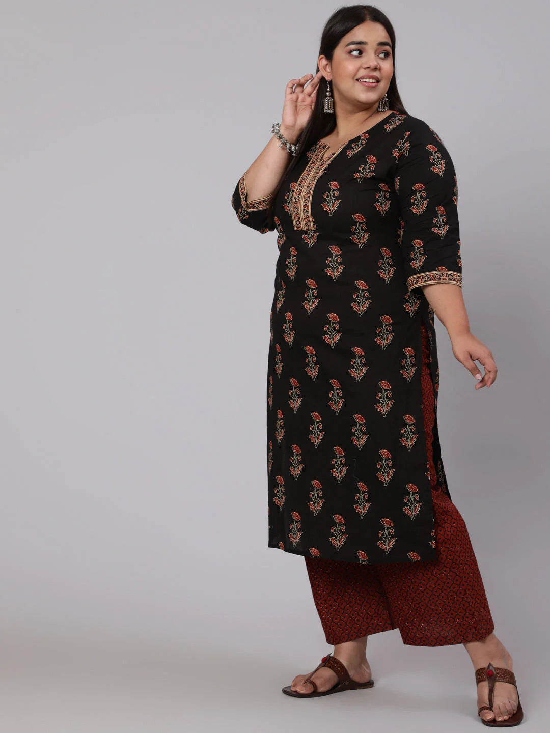 Black & Maroon Floral Printed Pure Cotton Kurta Palazzo Set With Dupatta