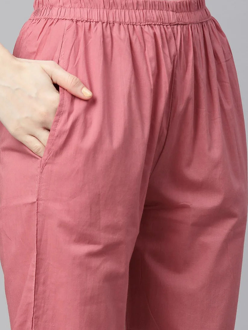 Pink & White Block Printed  Soft Cotton Kurti With Pants