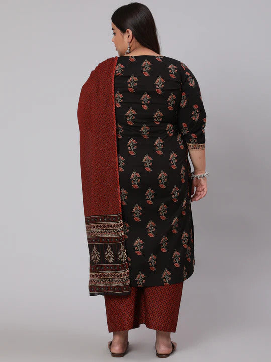 Black & Maroon Floral Printed Pure Cotton Kurta Palazzo Set With Dupatta