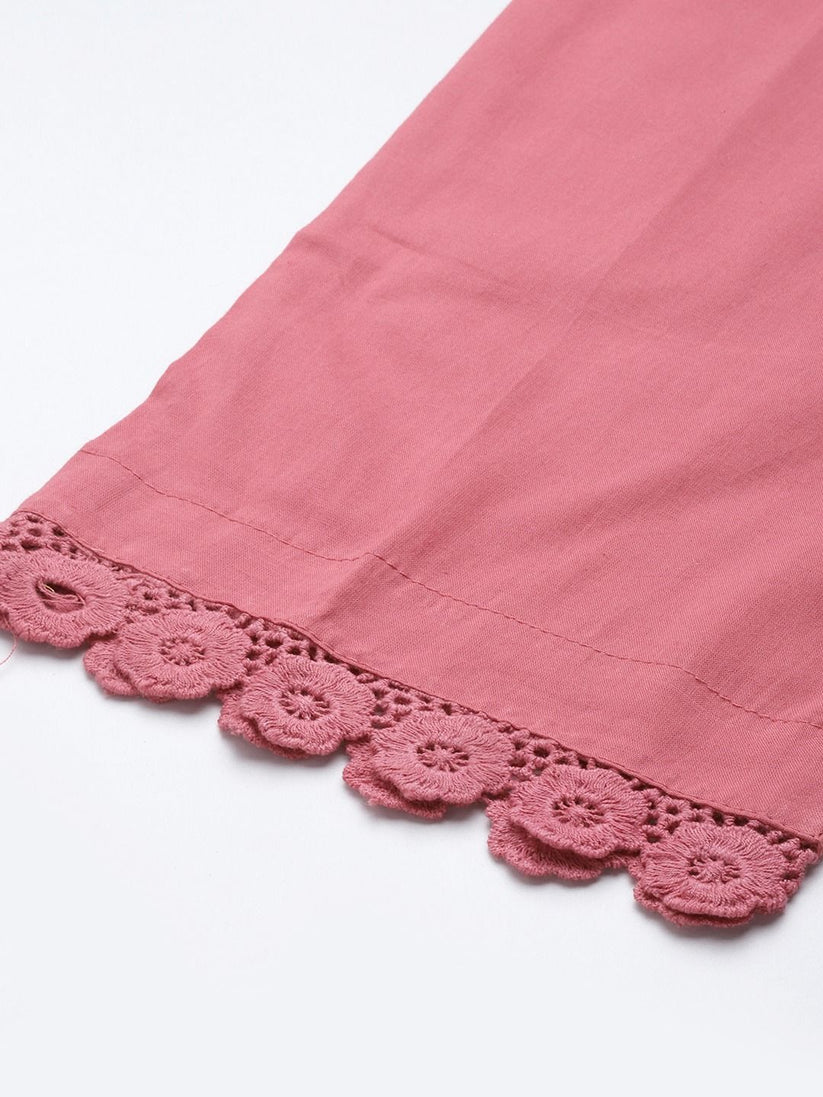 Pink & White Block Printed  Soft Cotton Kurti With Pants