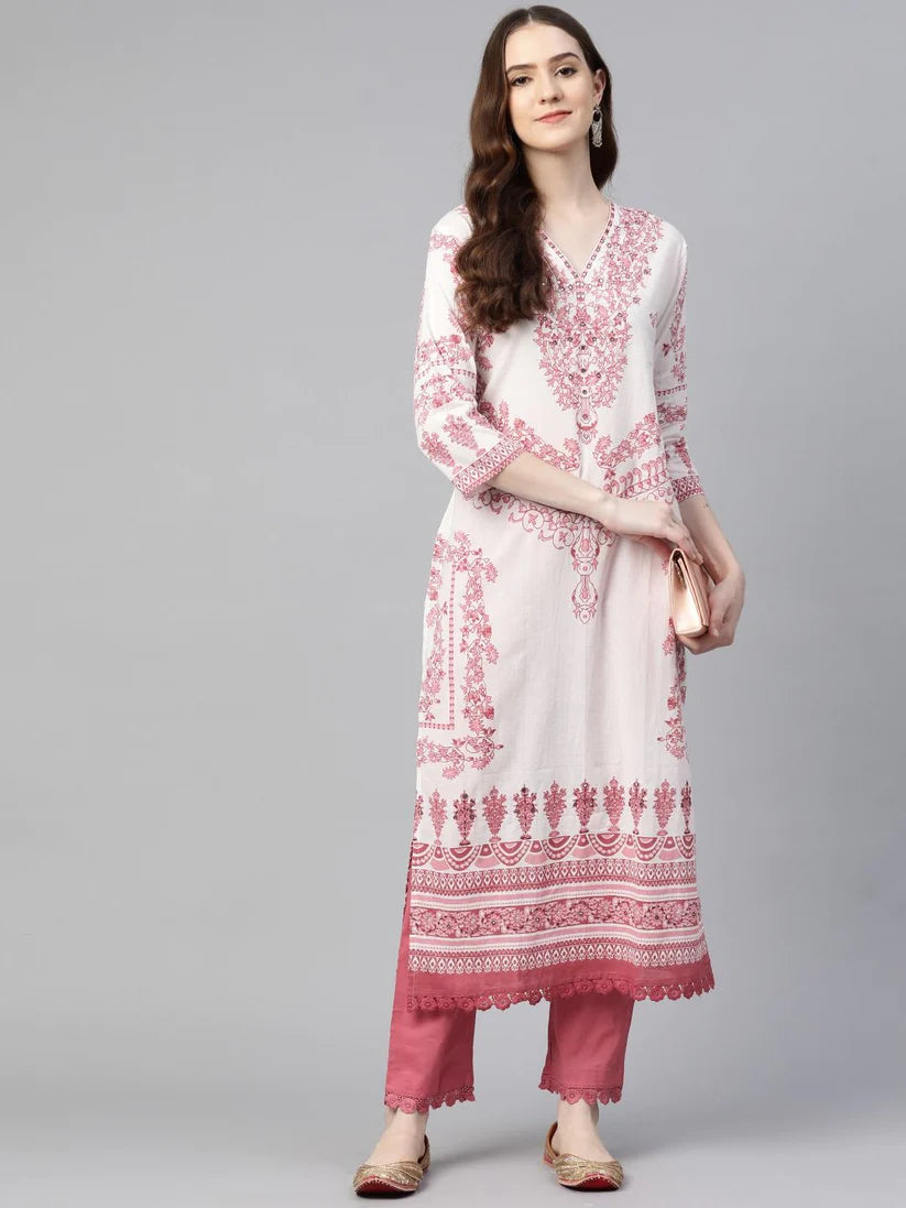 Pink & White Block Printed  Soft Cotton Kurti With Pants