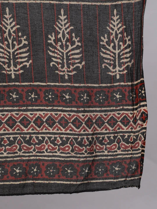 Black & Maroon Floral Printed Pure Cotton Kurta Palazzo Set With Dupatta