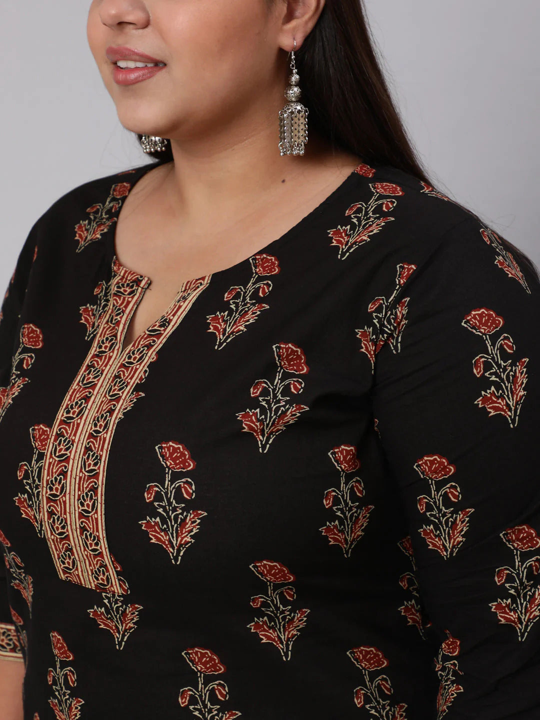 Black & Maroon Floral Printed Pure Cotton Kurta Palazzo Set With Dupatta