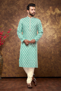 Mint Green Digital Printed Poly Cotton Kurta Set