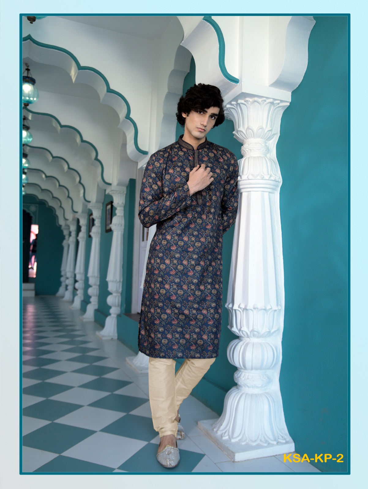 Cotton Silk Floral Printed Men's Kurta Pajama Set