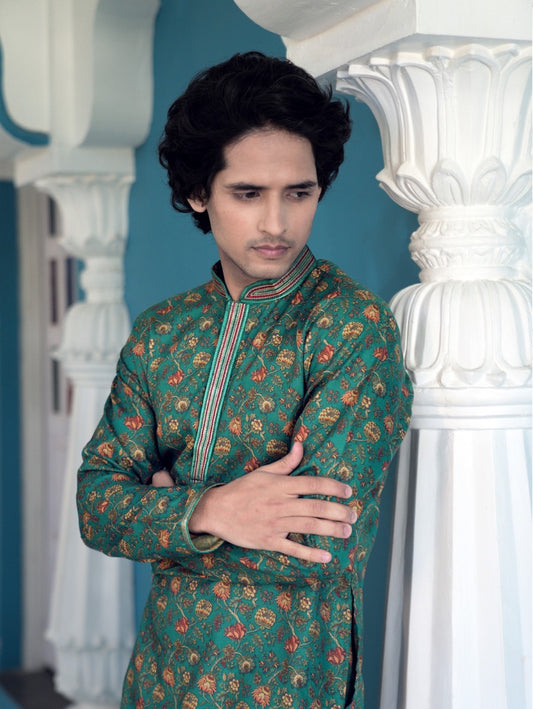 Cotton Silk Floral Printed Men's Kurta Pajama Set
