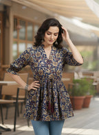 Blue Floral Printed Cotton Peplum Top