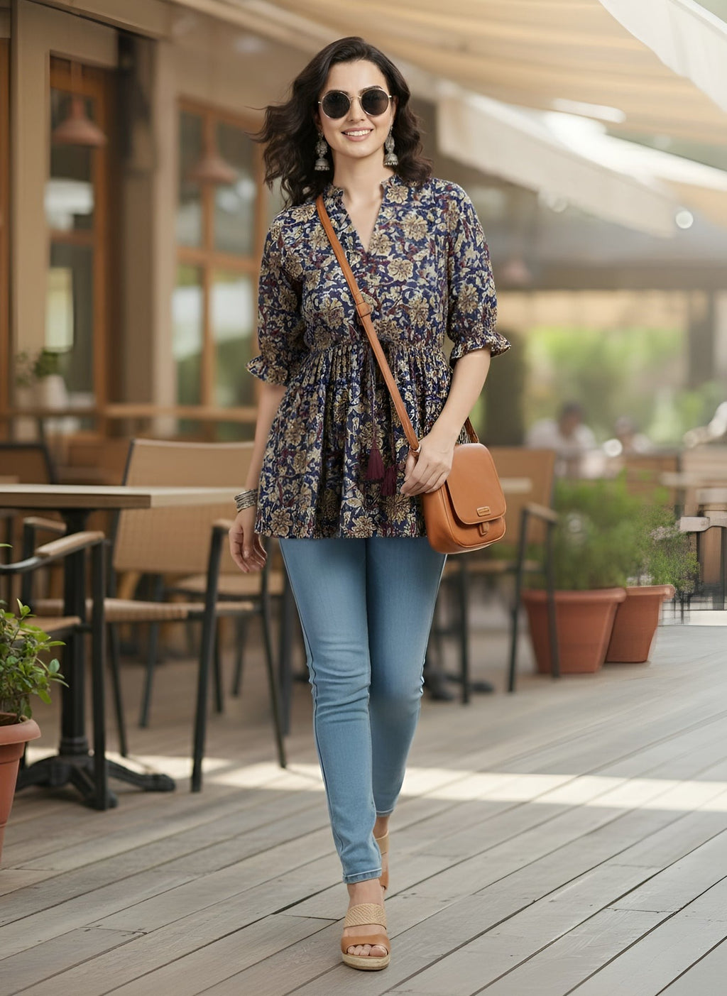 Blue Floral Printed Cotton Peplum Top