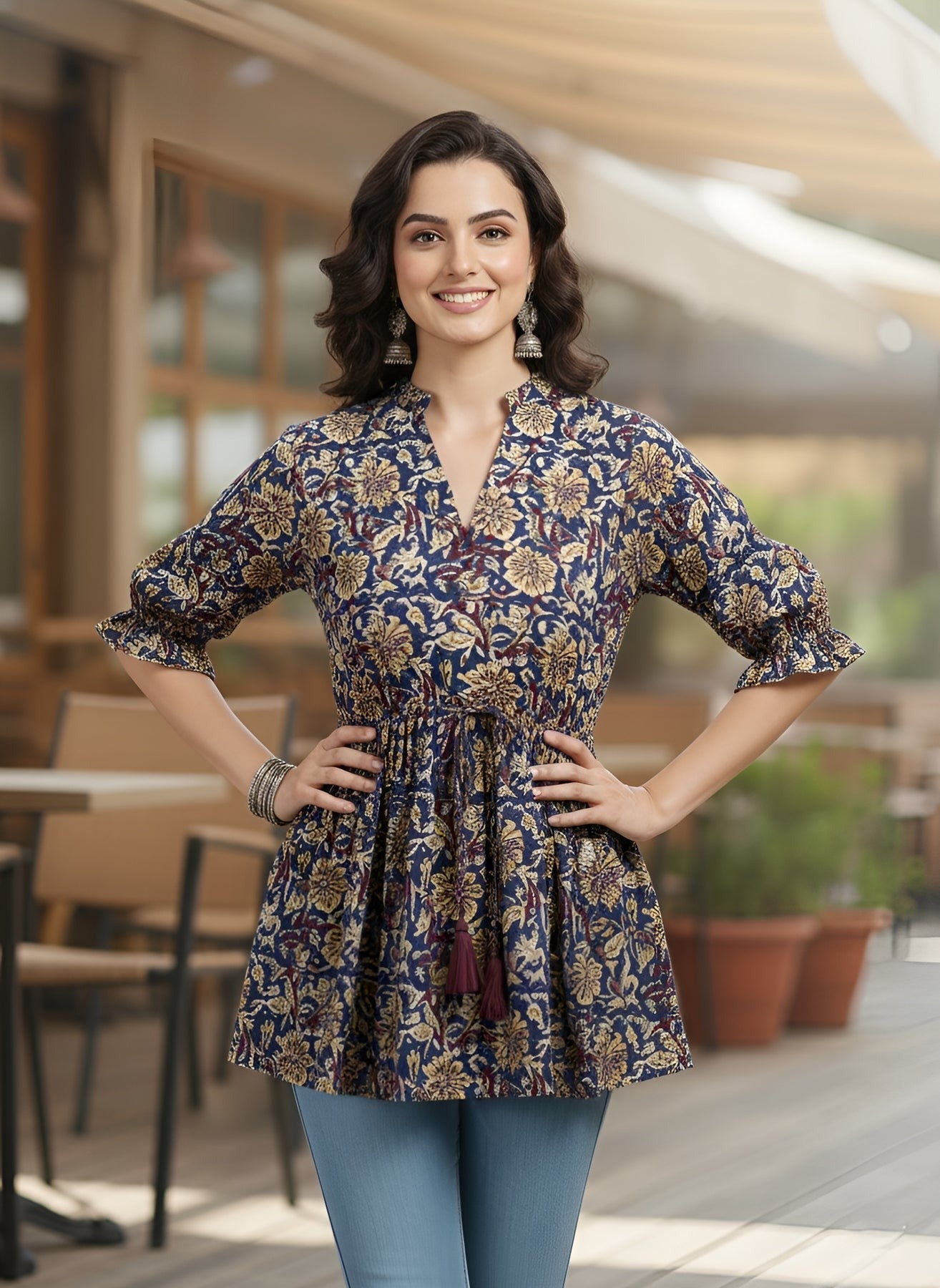 Blue Floral Printed Cotton Peplum Top