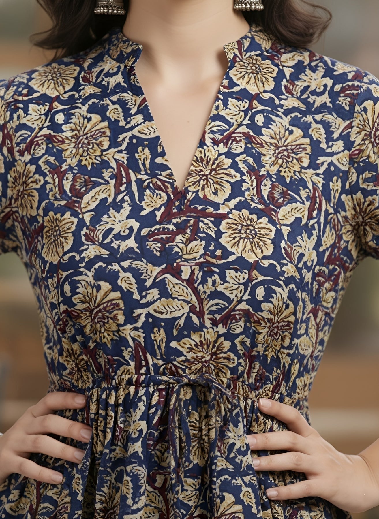 Blue Floral Printed Cotton Peplum Top